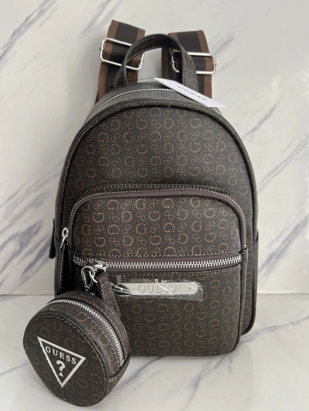 GUESS Brown Logo Mini Backpack with Coin Pouch